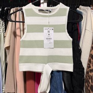 Bershka Ribbed Striped Tie Front Tank Top | Sage Green & White | Size M | NWT